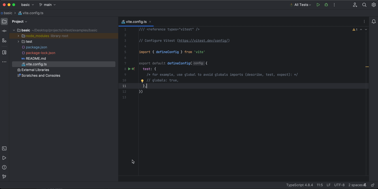 Dimostrazione di Vitest WebStorm