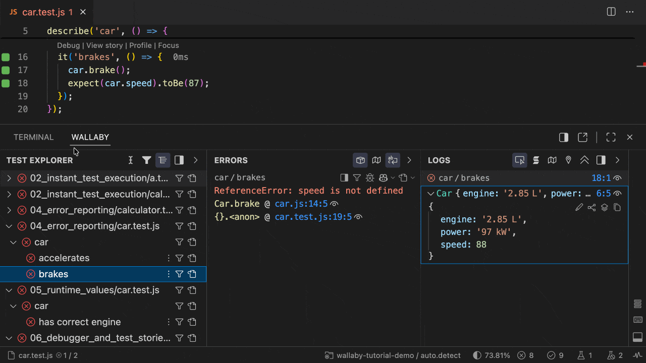 Demo Wallaby VS Code