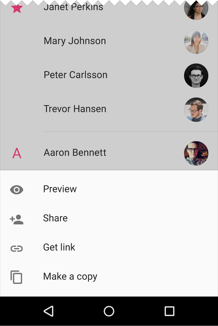 Material Design modal bottom sheet with action list
