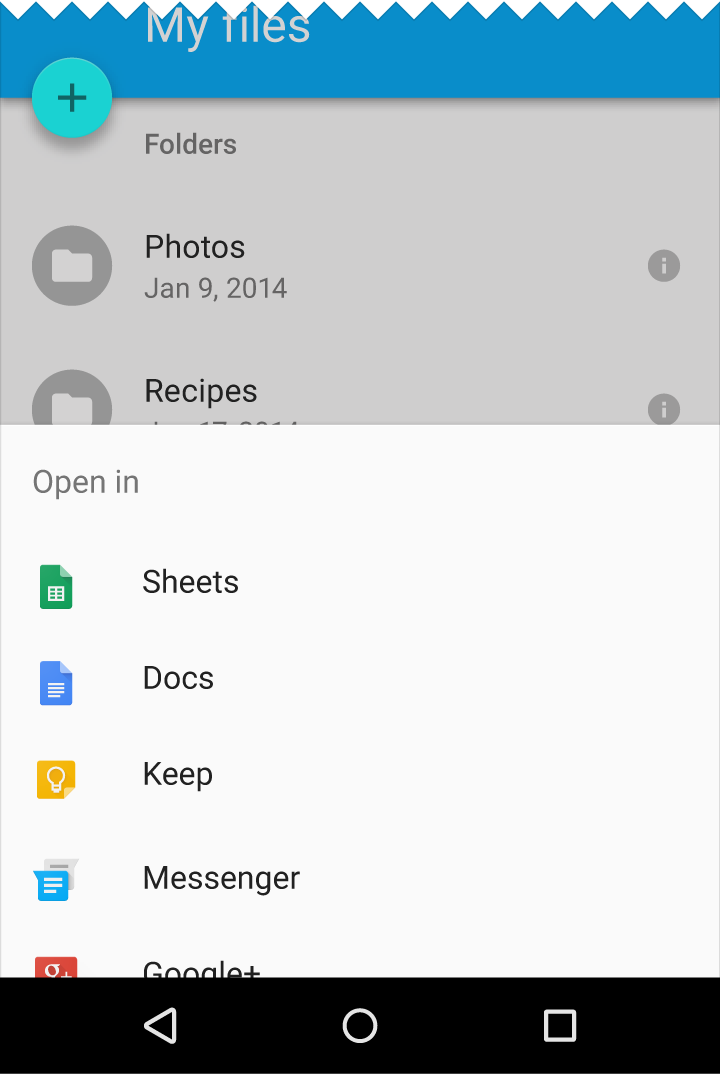 Material Design bottom sheet with icons for menu items