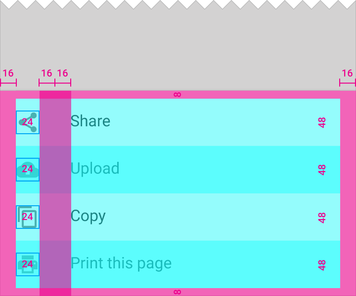 Material Design keylines for bottom sheet list style