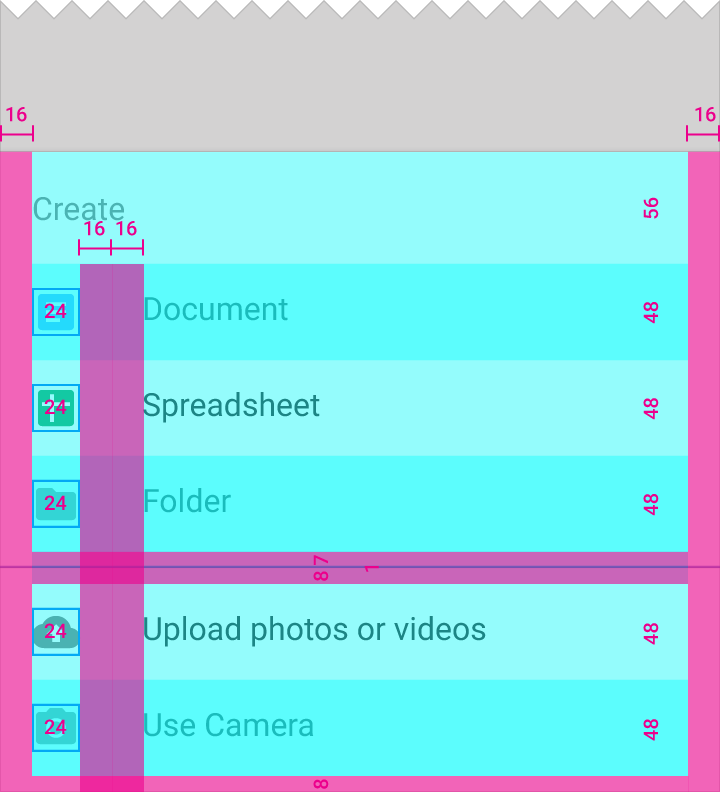 Material Design keylines for list-style sheet header