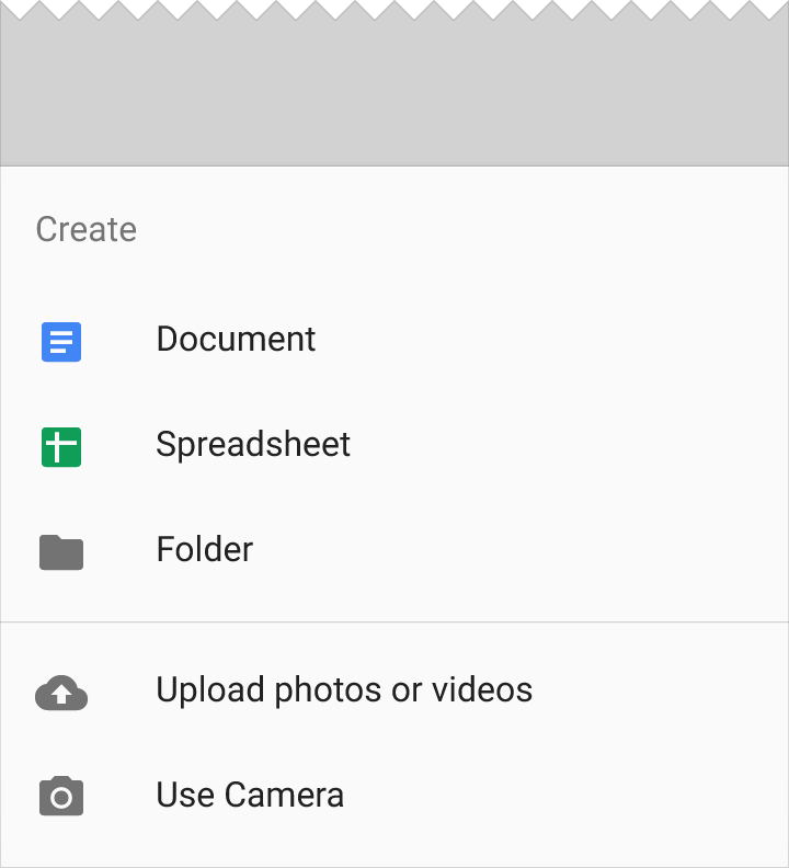 Material Design list-style sheet with header