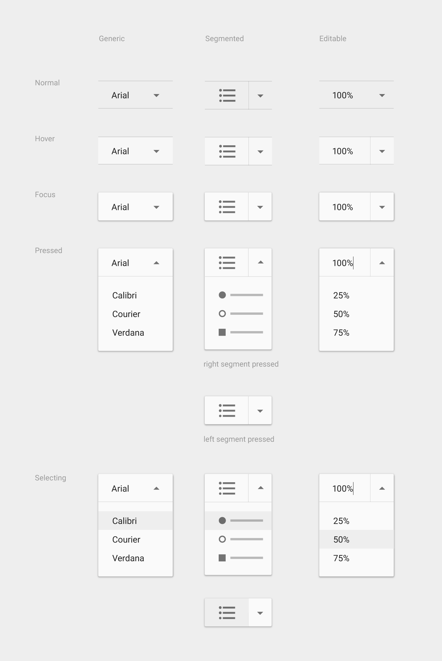 Material Design 下拉按钮的不同状态示例