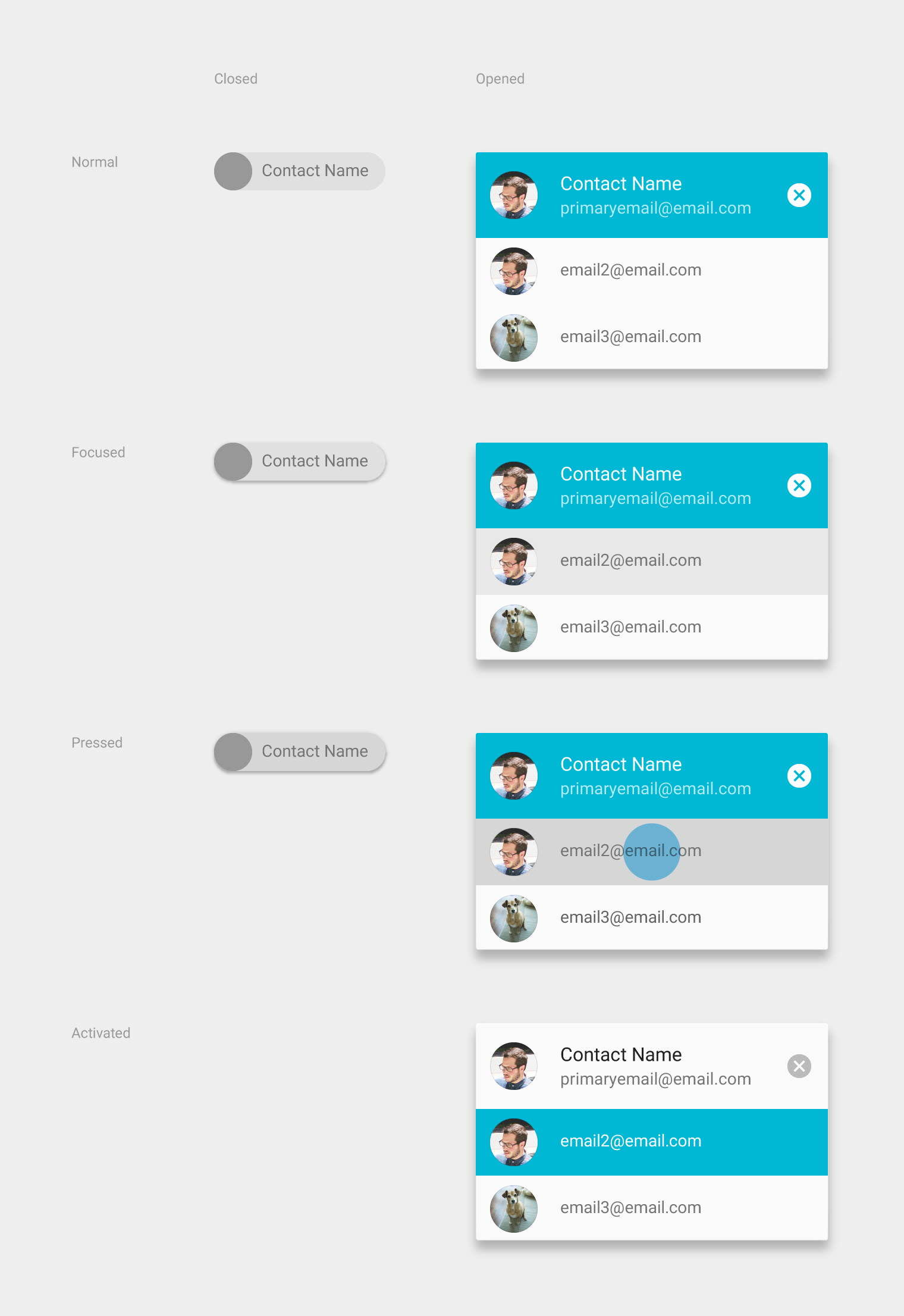 Material Design 联系人标签状态：正常、聚焦、按下