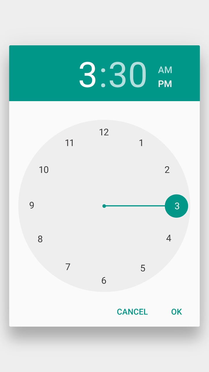 User sets hour with clock hand in Material Design