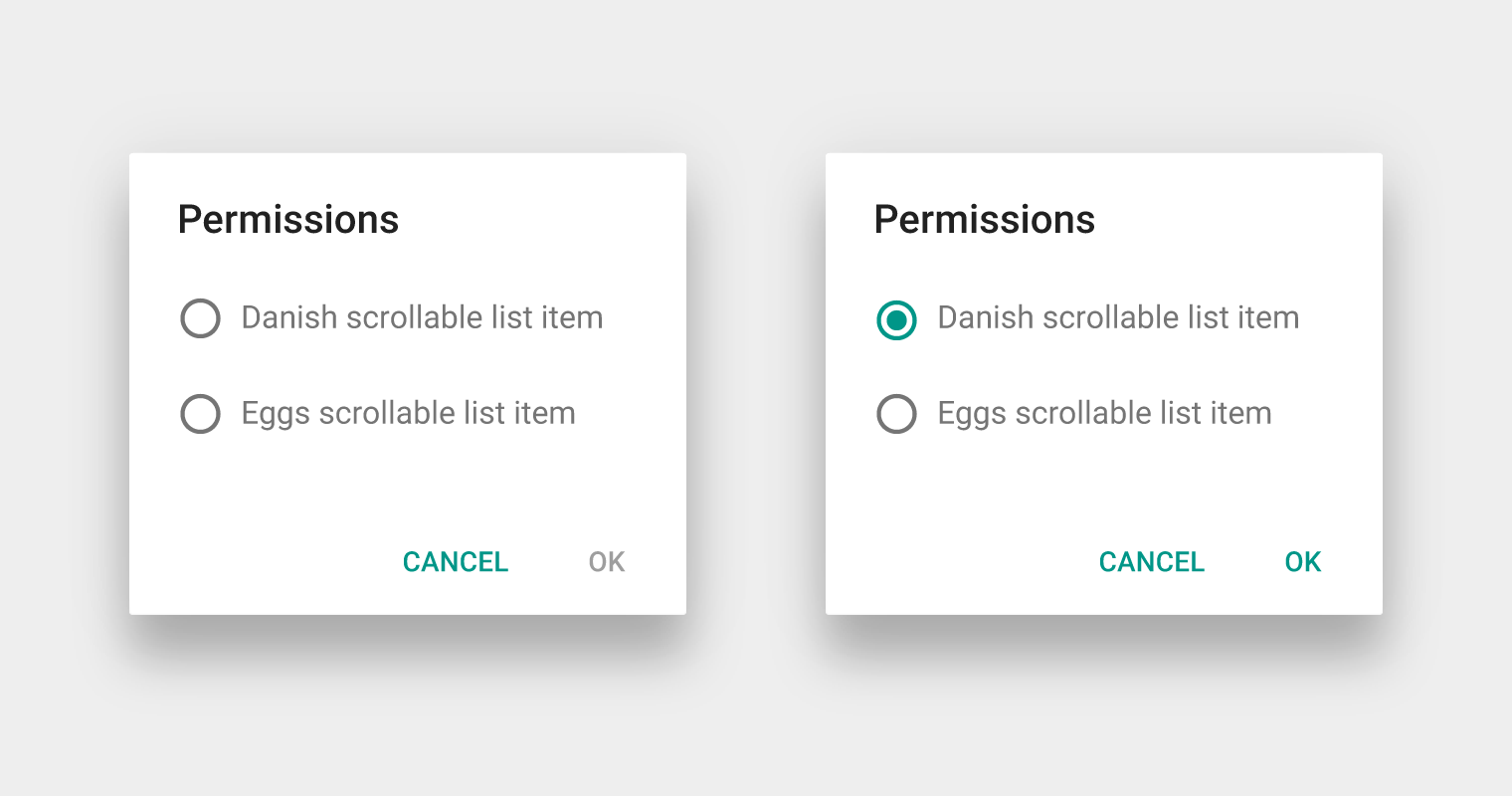 Material Design: Affirmative actions disabled until a choice