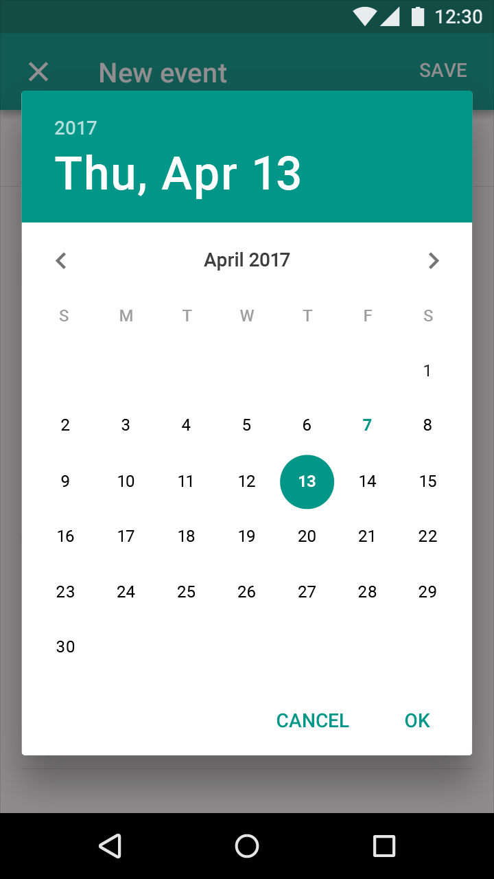 Material Design date picker in full-screen dialog