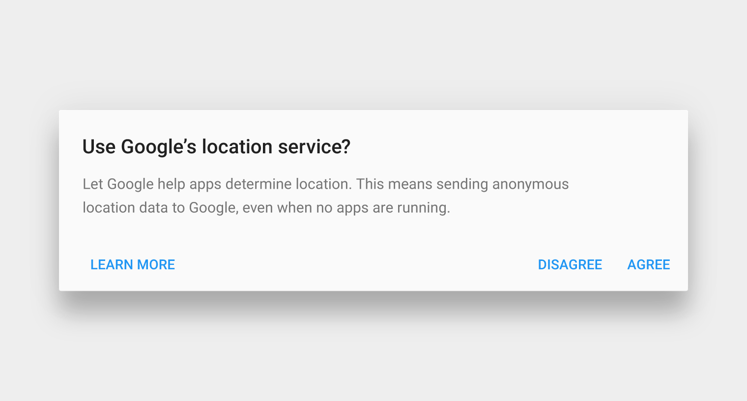 Material Design dialog: 'Learn more' action leaves state