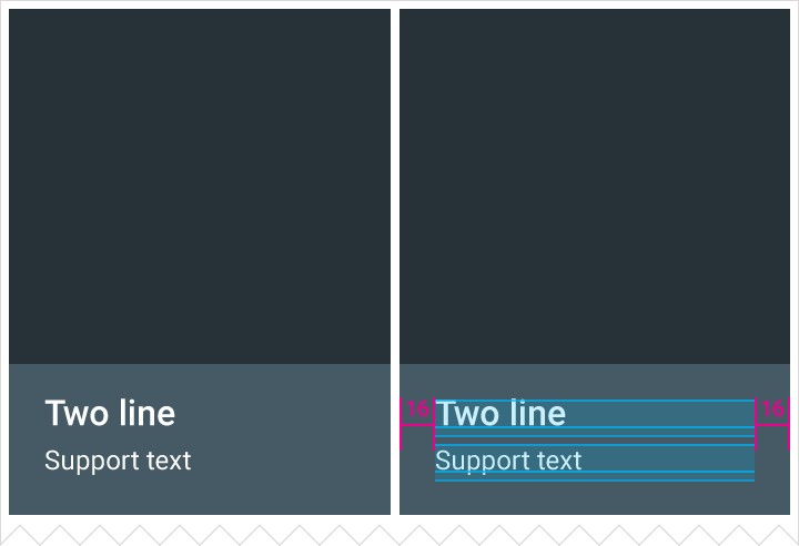 Material Design two-line grid list footer with padding
