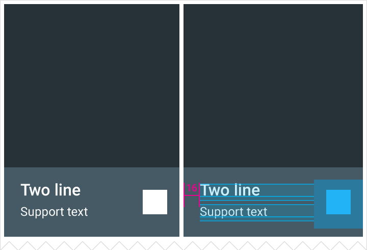 Material Design two-line text with icon footer