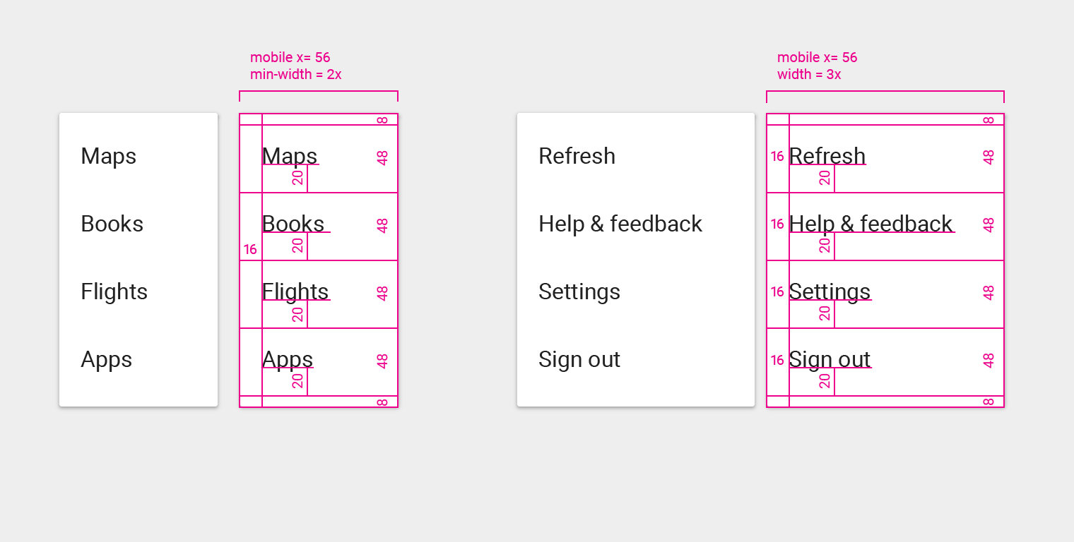 Material Design 中不同平台和菜单类型的规格