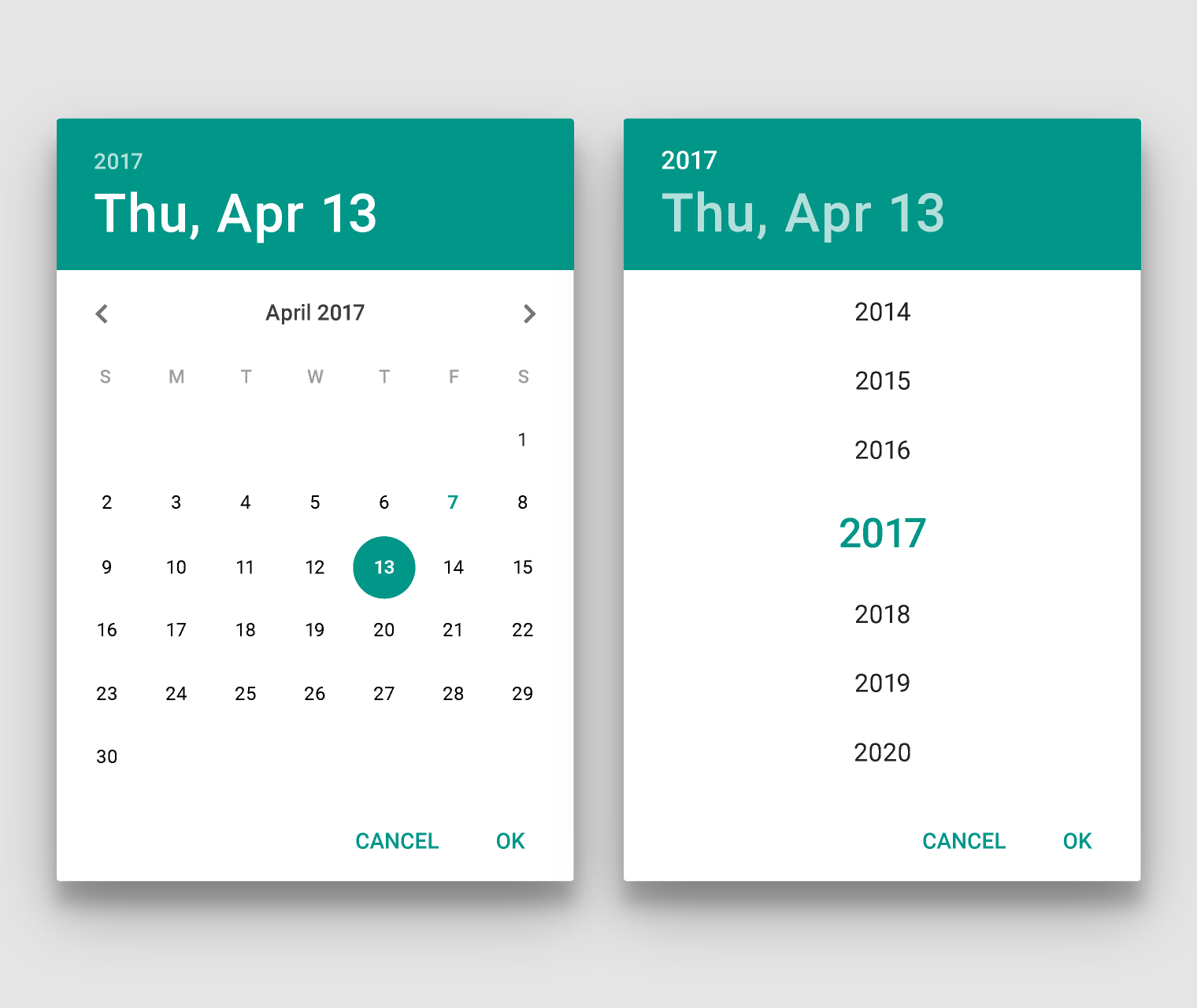 Material Design 中的日期和年份选择器,亮色主题