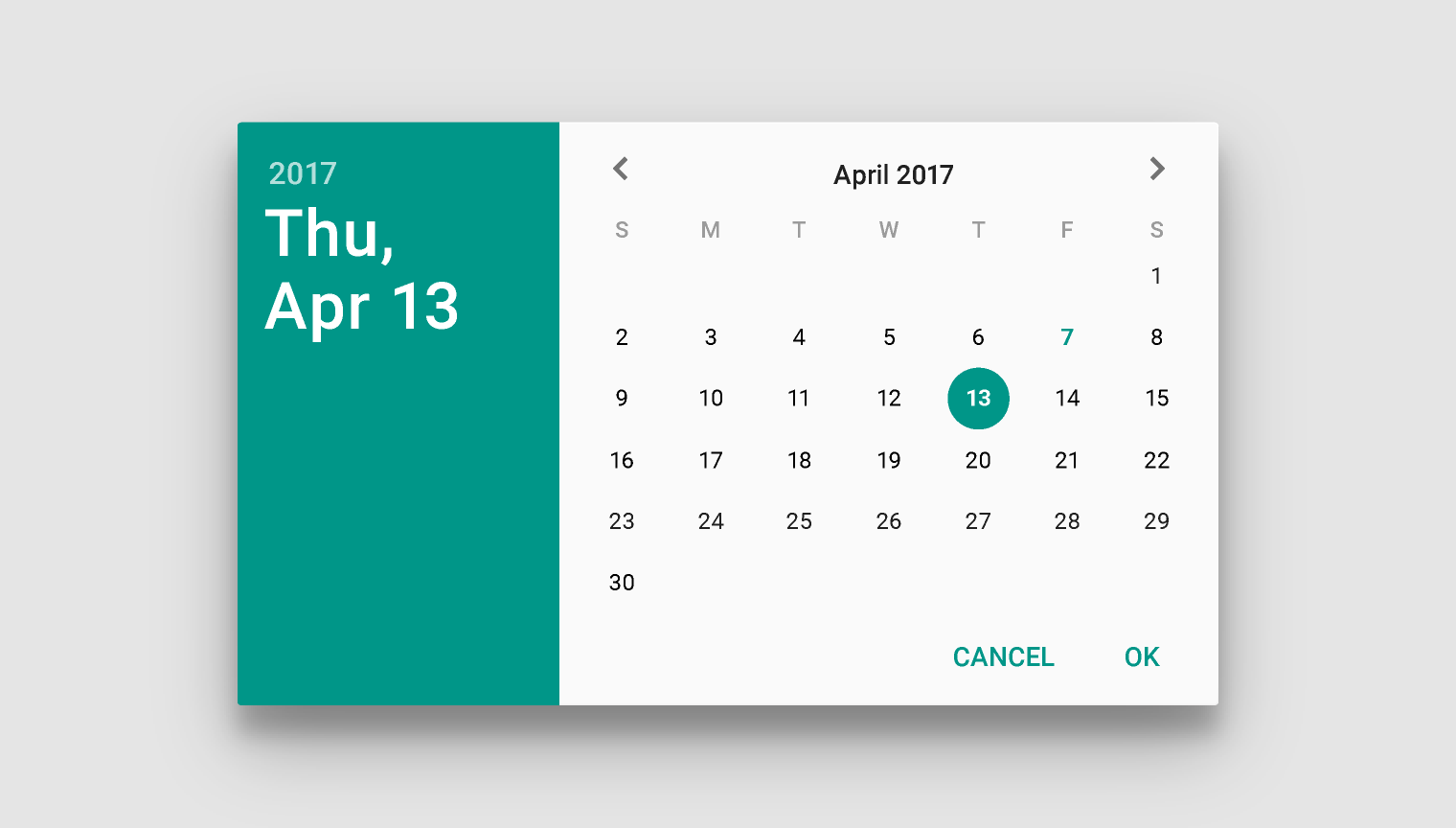 Material Design 日期选择器:亮色主题,横屏