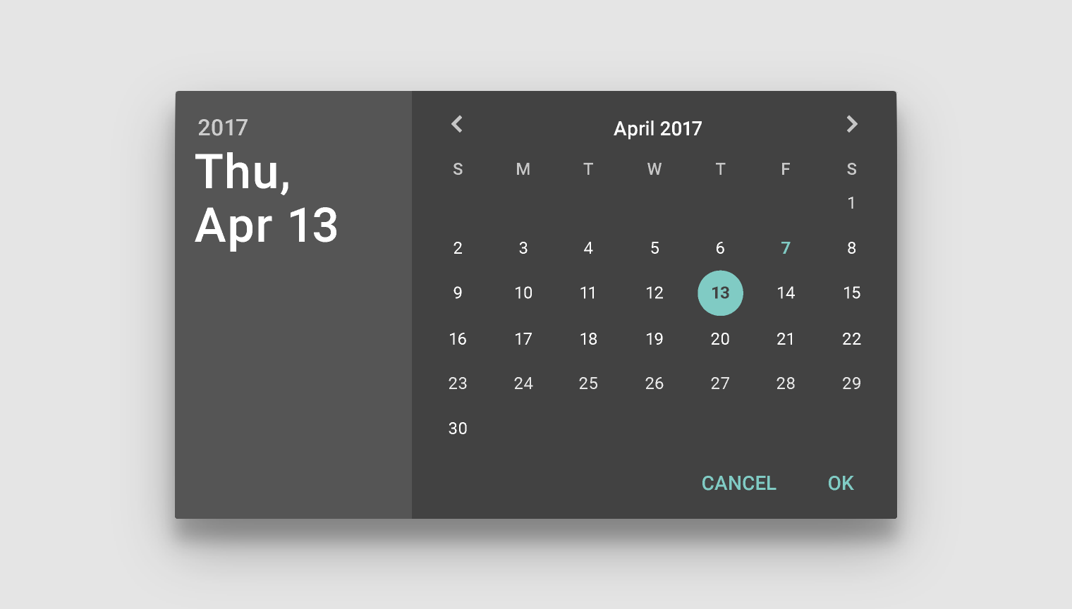 Material Design 日期选择器:暗色主题,横屏