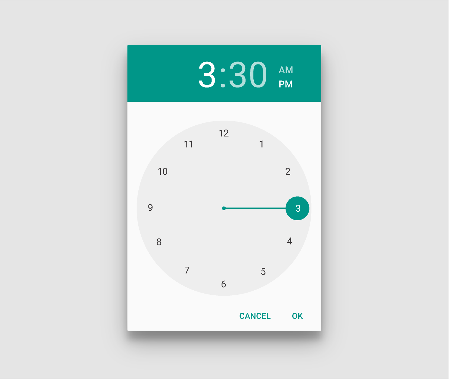 Material Design 中的时间选择器,亮色主题,竖屏