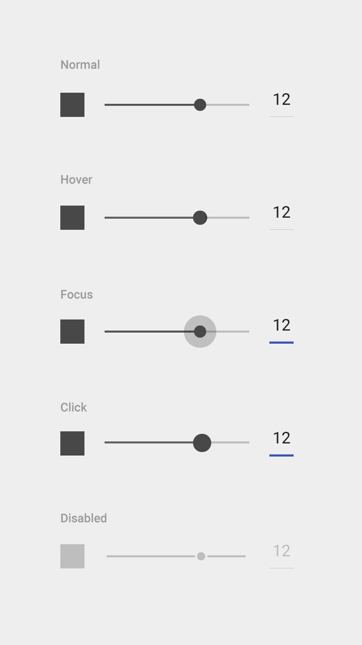 Material Design 中具有可编辑数值的滑块状态示例