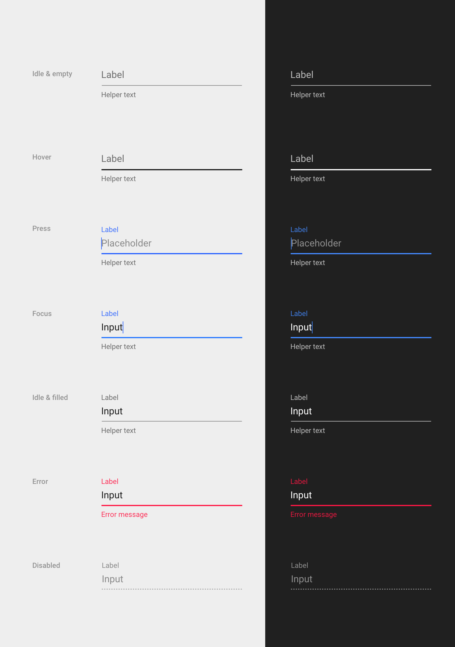 Material Design 中文本框在亮色和暗色主题中的状态