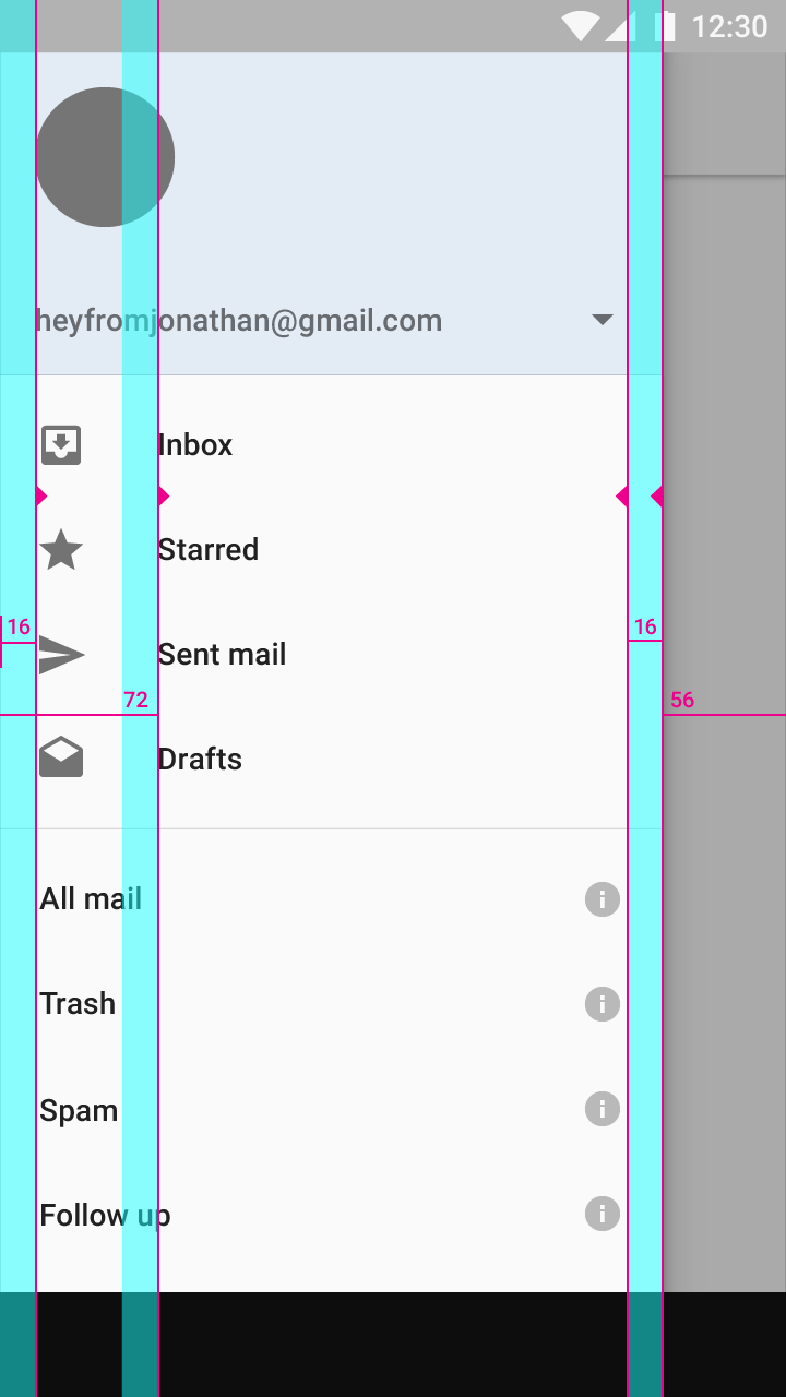 Material Design 中侧边抽屉栏的关键线和边距