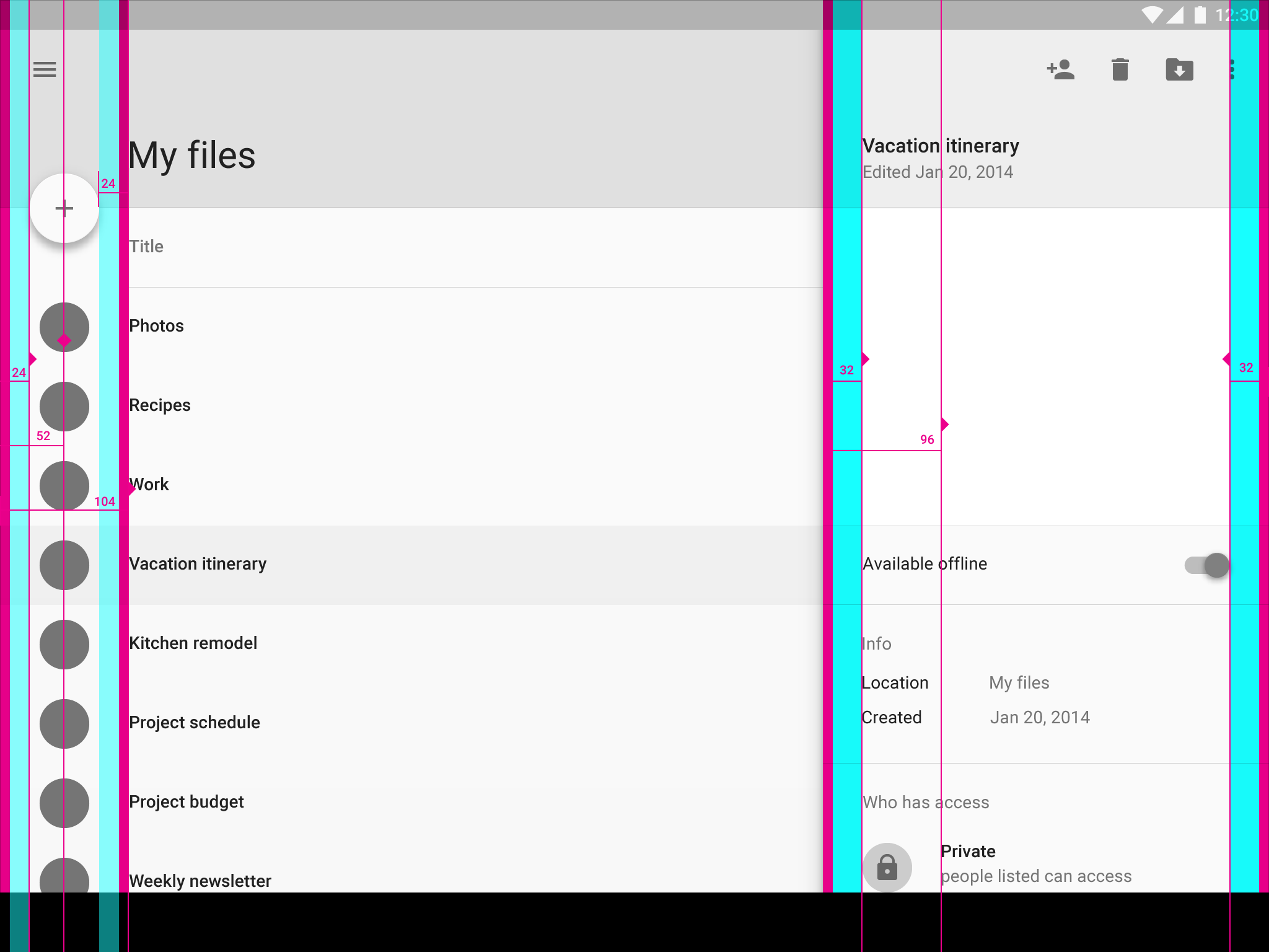 Material Design 中带详情视图的列表的关键线和边距