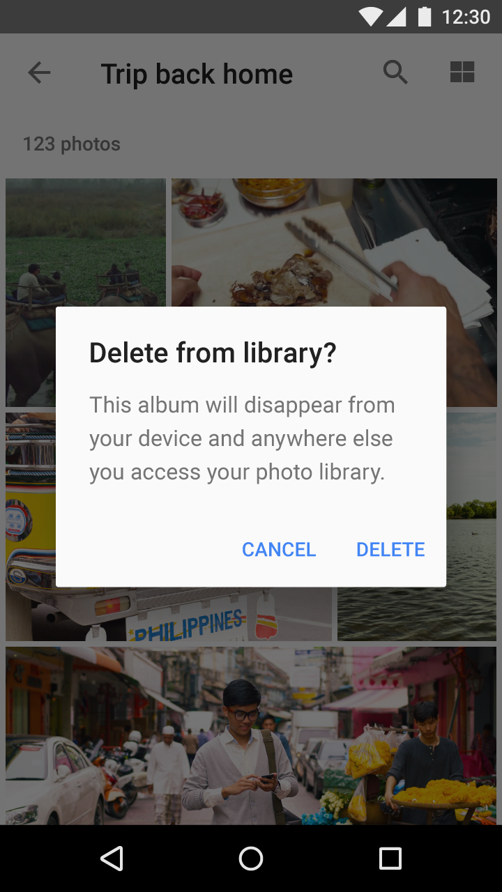 Material Design 中的删除相册确认警告框