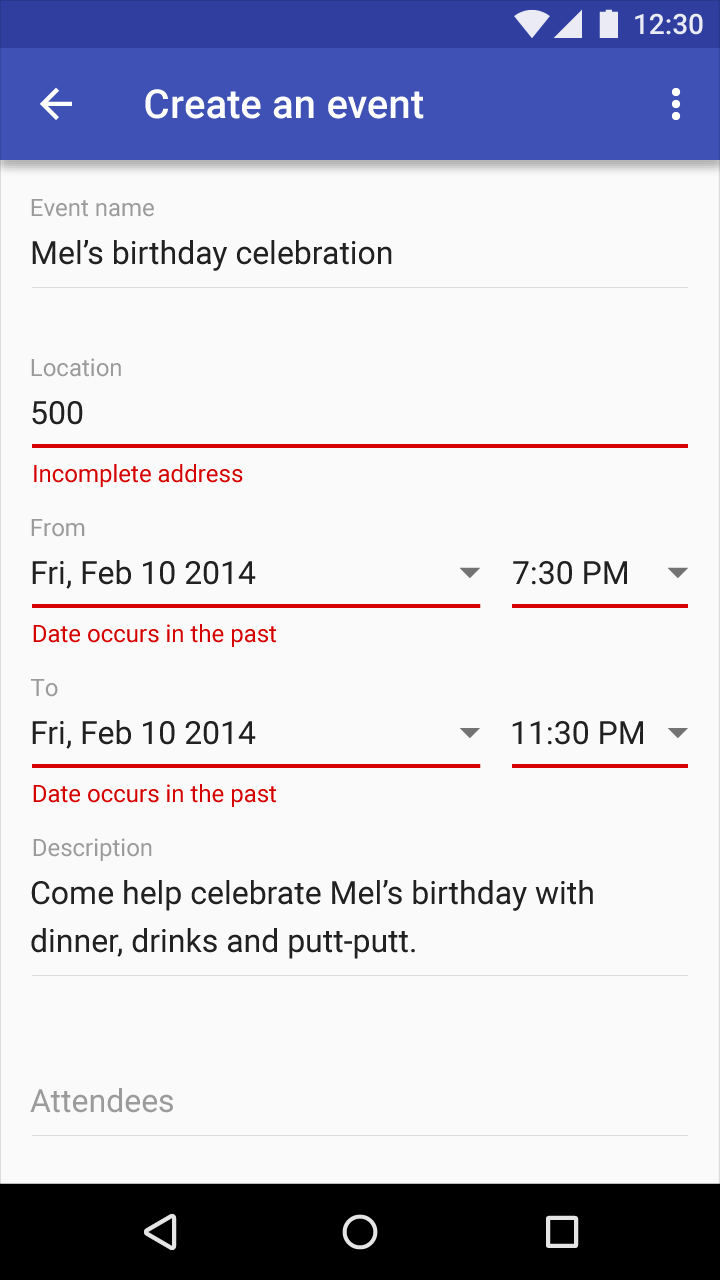Material Design floating text label with error message