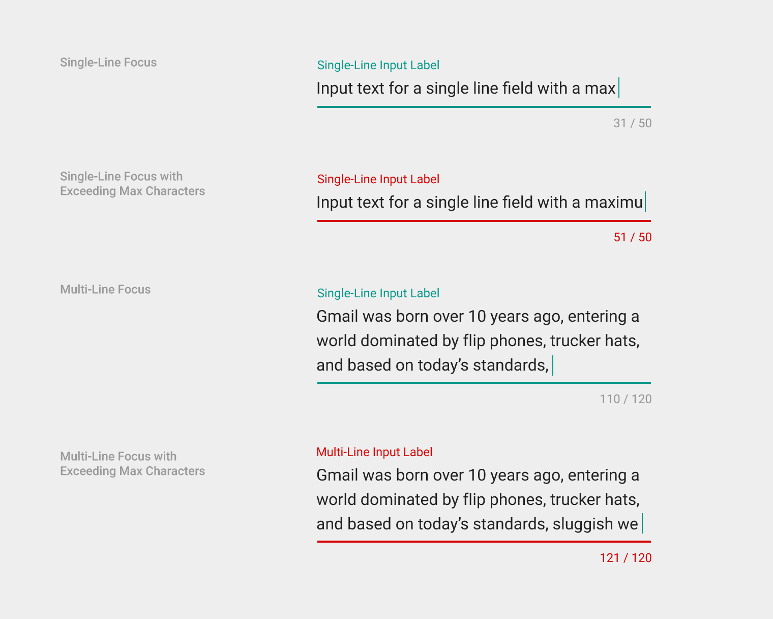 Material Design input states with user and error text examples