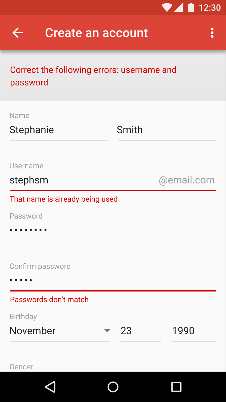 Material Design: Form submission error examples