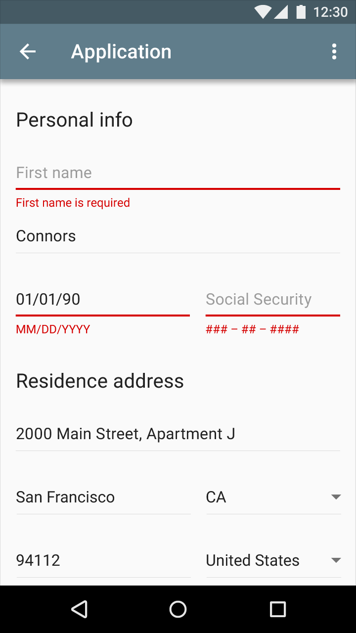 Material Design text field input with error message