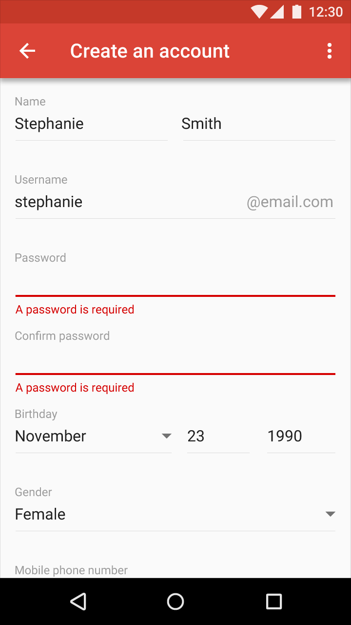 Material Design example of an incomplete form