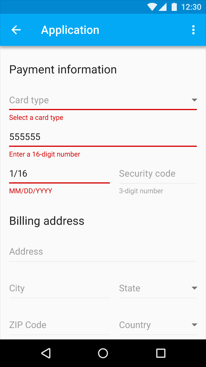 Material Design example with error text