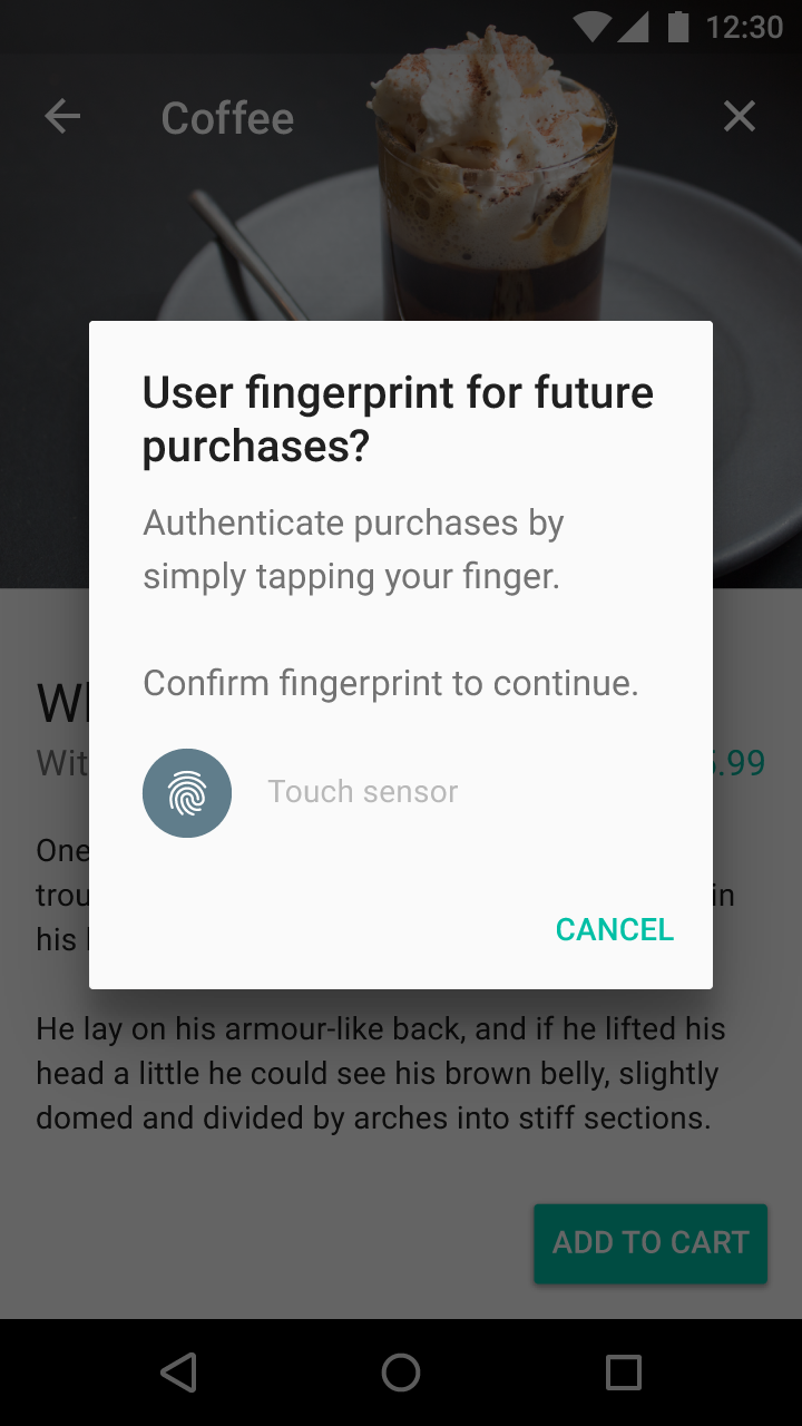 Enroll fingerprint for purchases with Material Design