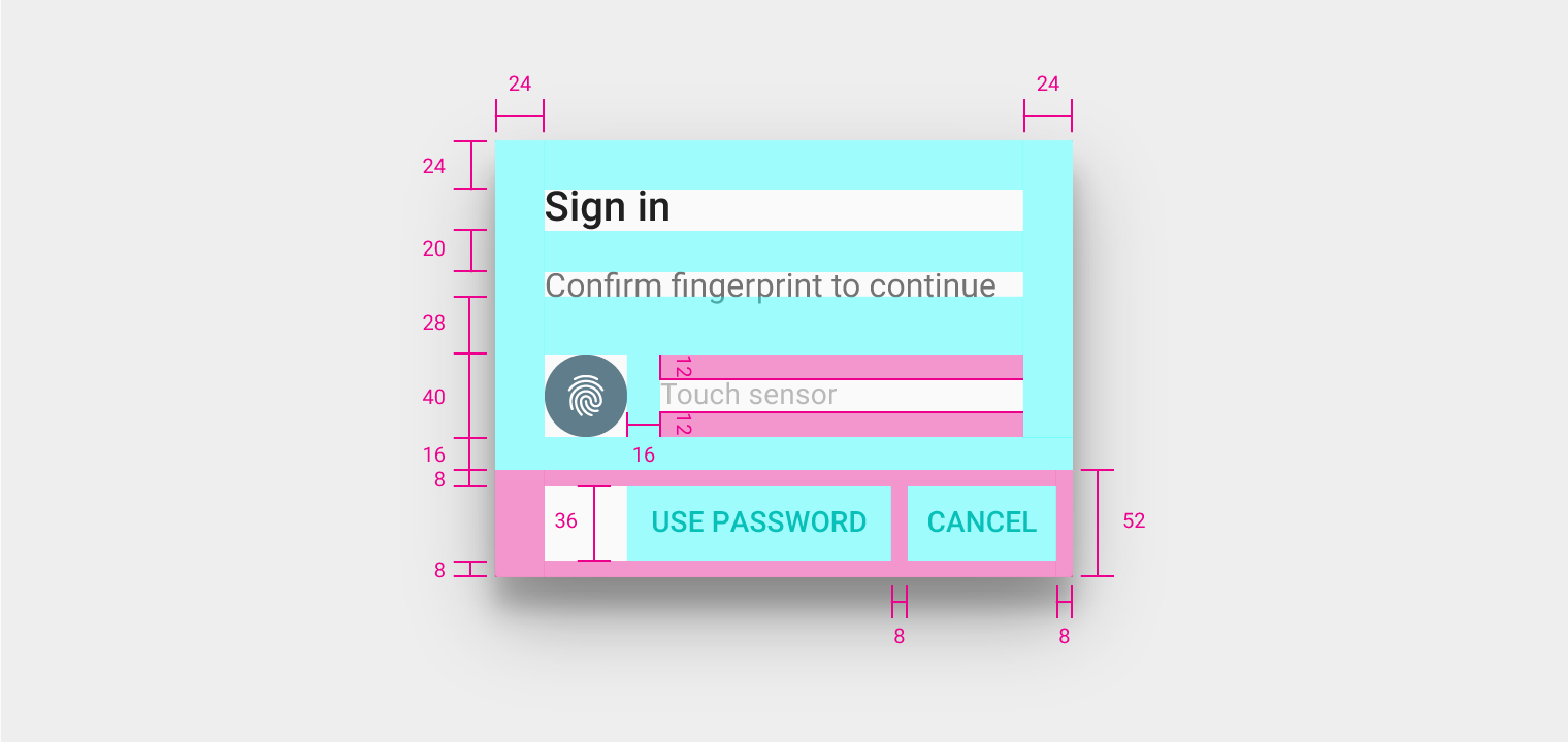 Material Design fingerprint confirmation dialog specs