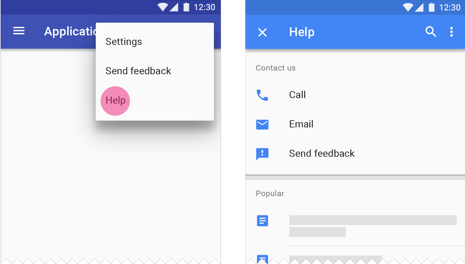 用户选择“帮助”后进入 Material Design 帮助列表界面