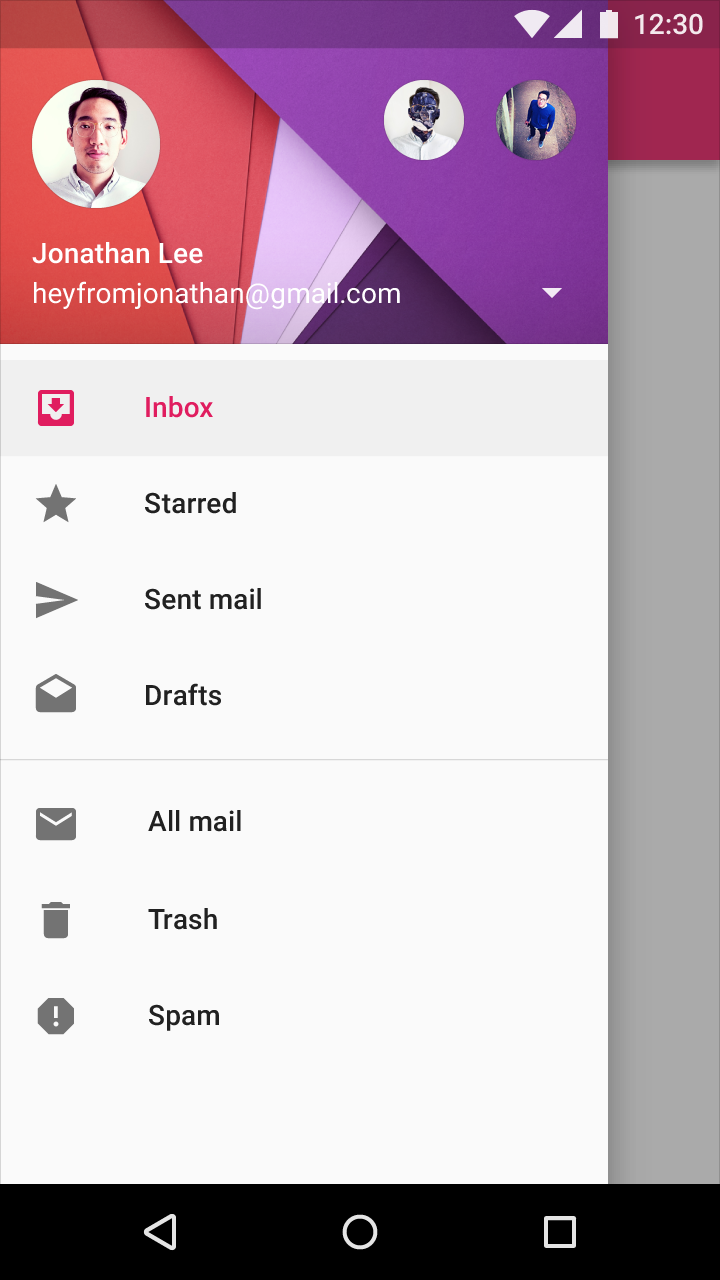 Material Design mobile open temporary drawer example
