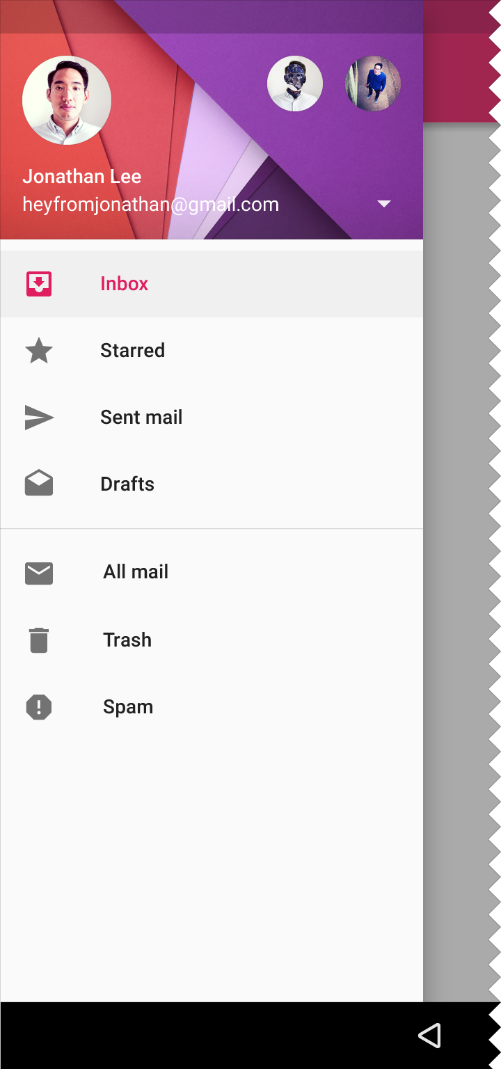 Open temporary drawer example in Material Design on tablet