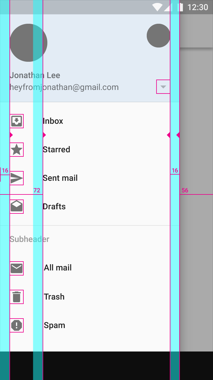 Material Design Navigation drawer keylines and margins