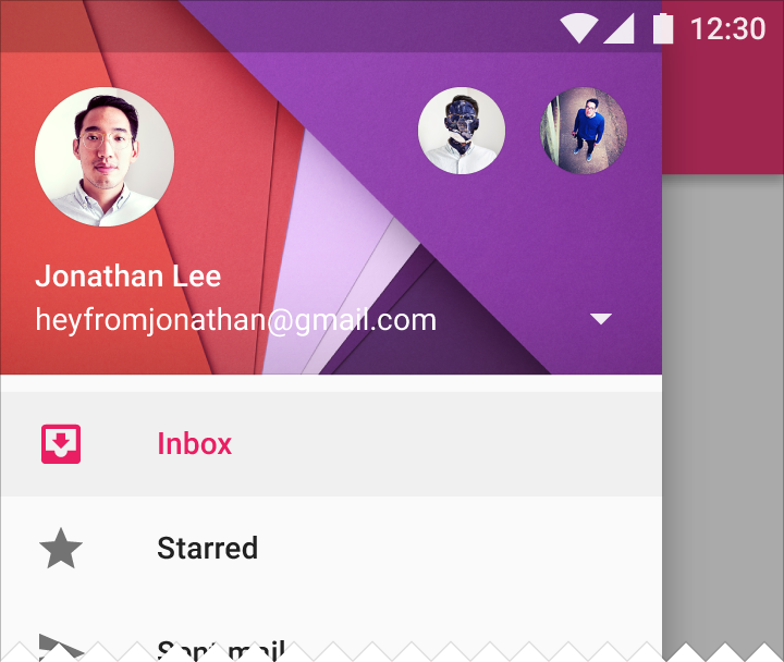 手机上打开的 Material Design 侧边抽屉栏示例