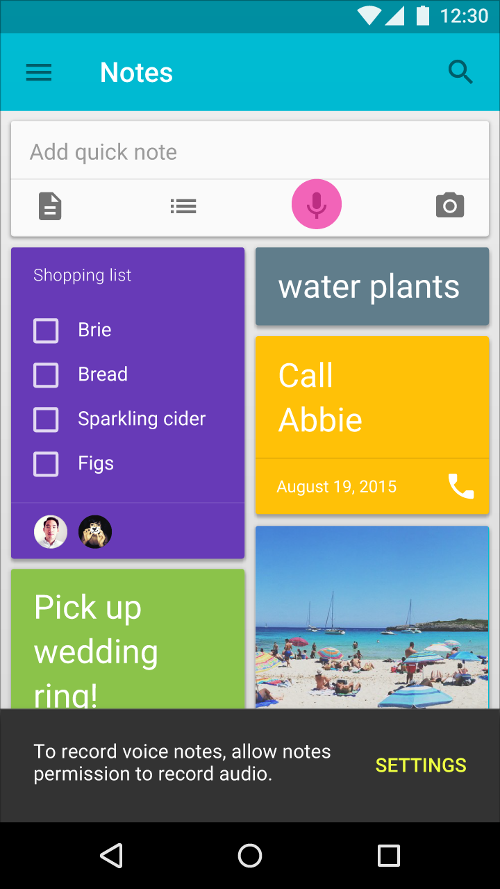 Material Design 中音频权限请求的 Snackbar
