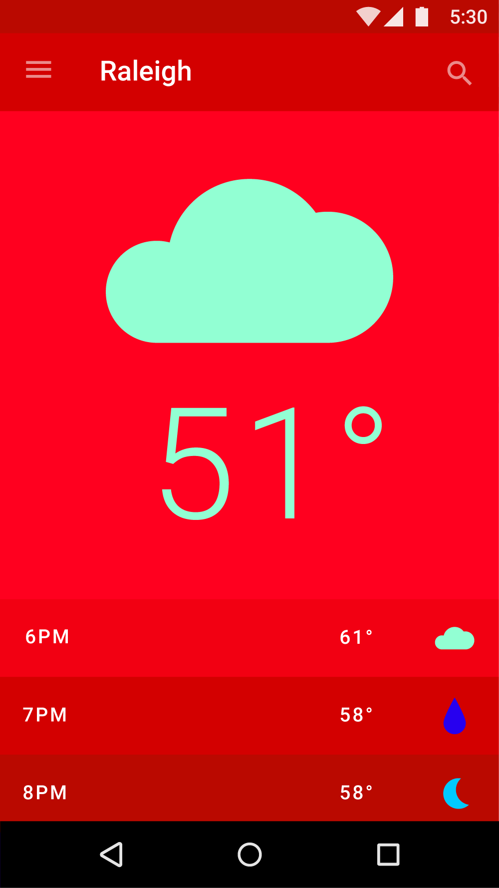 Material Design 界面：红色表示时间，绿色表示有雾天气