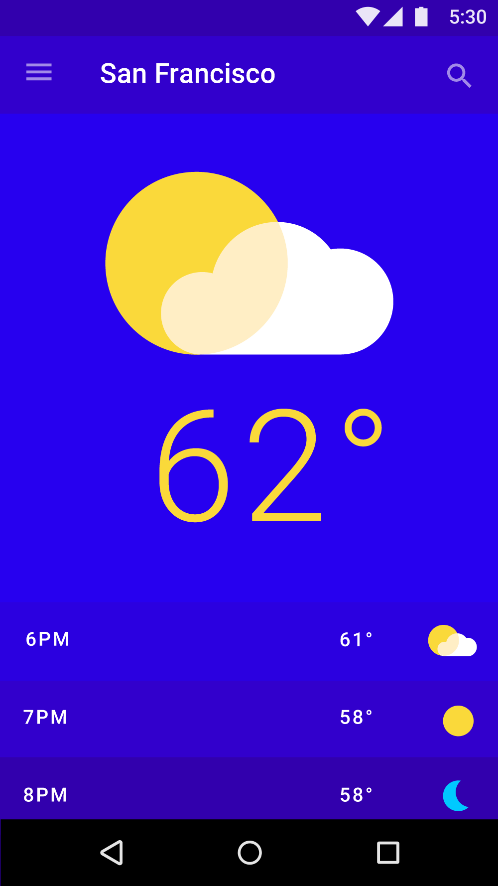 采用 Material Design 风格的天气应用通过颜色表示时间