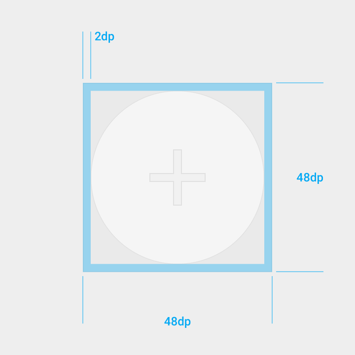Material Design icon size: 48dp with 2dp padding