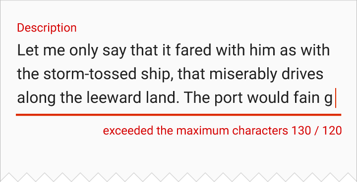 Material Design text field error cues: title color, stroke, message
